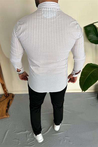Beyaz Slim Fit Çizgili Gömlek