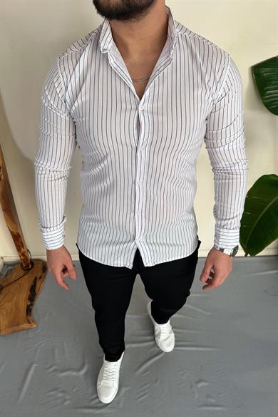 Beyaz Slim Fit Çizgili Gömlek