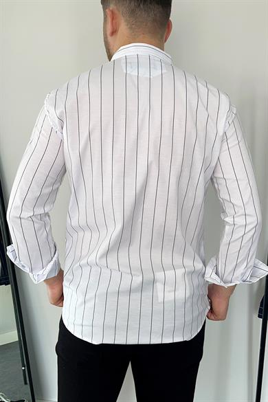 Beyaz Slim Fit Çizgili Poplin Gömlek