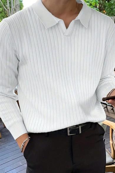Beyaz Slim Fit Erkek Polo Yaka Fitilli Triko Kazak