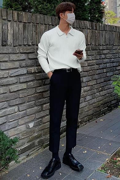 Beyaz Slim Fit Erkek Polo Yaka Fitilli Triko Kazak