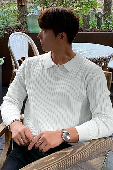 Beyaz Slim Fit Erkek Polo Yaka Fitilli Triko Kazak