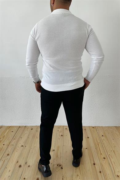 Beyaz Slim Fit Polo Yaka Triko Kazak