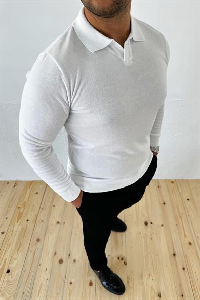 Beyaz Slim Fit Polo Yaka Triko Kazak
