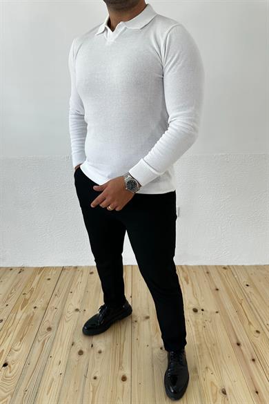 Beyaz Slim Fit Polo Yaka Triko Kazak