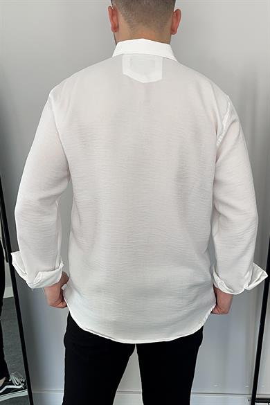 Beyaz Tek Cep Keten Gömlek