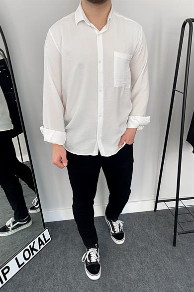 Beyaz Tek Cep Keten Gömlek
