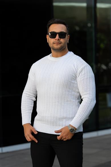 Beyaz Tüylenme Yapmayan Slim Fit Desenli Triko Kazak