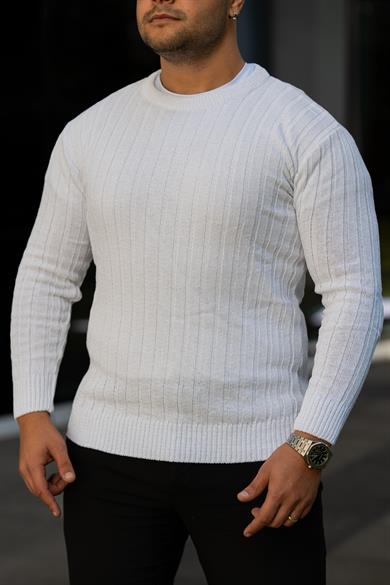 Beyaz Tüylenme Yapmayan Slim Fit Desenli Triko Kazak