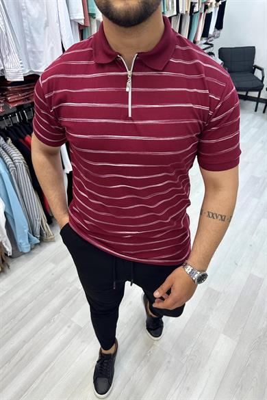 Bordo Çizgili Slim fit Polo Yaka Tshirt