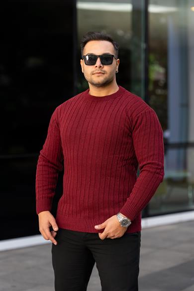 Bordo Tüylenme Yapmayan Slim Fit Desenli Triko Kazak