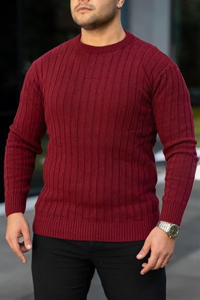 Bordo Tüylenme Yapmayan Slim Fit Desenli Triko Kazak
