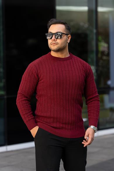 Bordo Tüylenme Yapmayan Slim Fit Desenli Triko Kazak