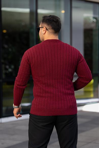 Bordo Tüylenme Yapmayan Slim Fit Desenli Triko Kazak