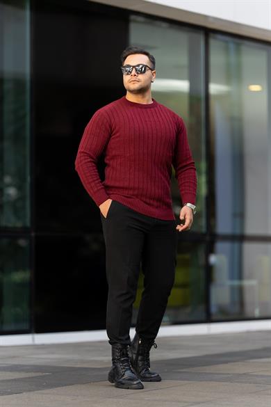 Bordo Tüylenme Yapmayan Slim Fit Desenli Triko Kazak
