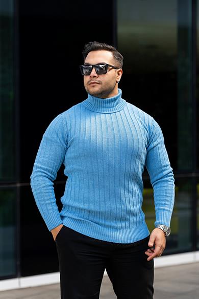 Erkek Bebe Mavi Tüylenme Yapmayan Slim Fit Boğazlı Triko Kazak
