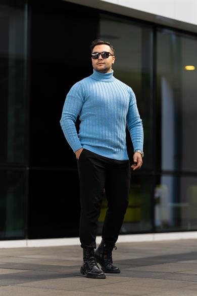 Erkek Bebe Mavi Tüylenme Yapmayan Slim Fit Boğazlı Triko Kazak