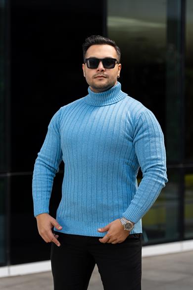 Erkek Bebe Mavi Tüylenme Yapmayan Slim Fit Boğazlı Triko Kazak