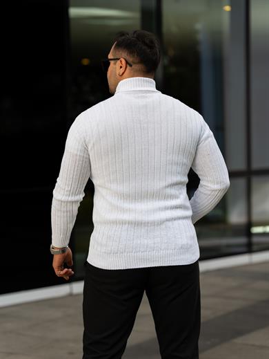 Erkek Beyaz Tüylenme Yapmayan Slim Fit Boğazlı Triko Kazak