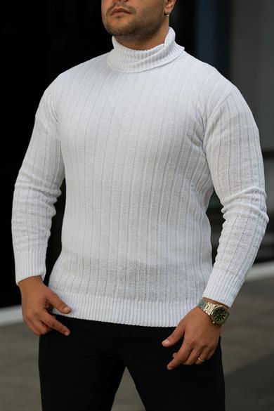 Erkek Beyaz Tüylenme Yapmayan Slim Fit Boğazlı Triko Kazak