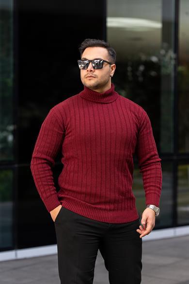Erkek Bordo Tüylenme Yapmayan Slim Fit Boğazlı Triko Kazak
