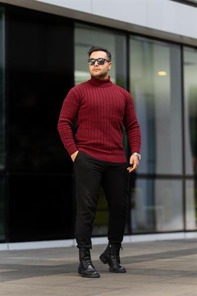 Erkek Bordo Tüylenme Yapmayan Slim Fit Boğazlı Triko Kazak
