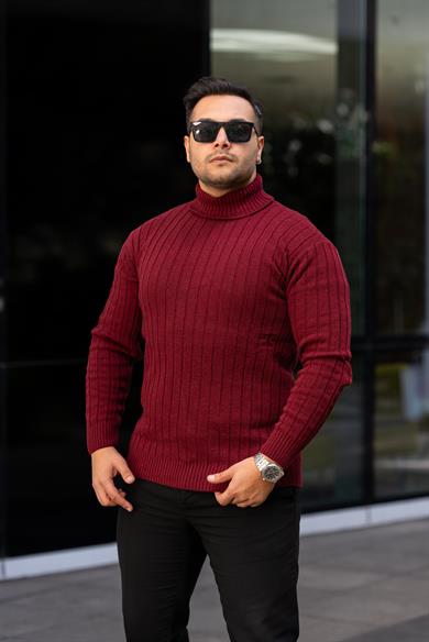 Erkek Bordo Tüylenme Yapmayan Slim Fit Boğazlı Triko Kazak
