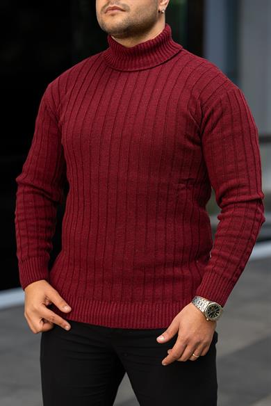 Erkek Bordo Tüylenme Yapmayan Slim Fit Boğazlı Triko Kazak