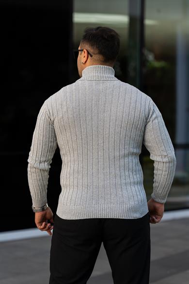Erkek Gri Tüylenme Yapmayan Slim Fit Boğazlı Triko Kazak