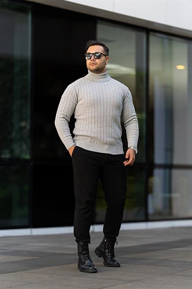 Erkek Gri Tüylenme Yapmayan Slim Fit Boğazlı Triko Kazak