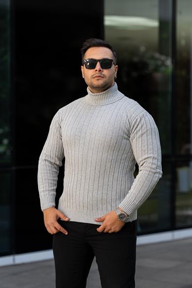 Erkek Gri Tüylenme Yapmayan Slim Fit Boğazlı Triko Kazak