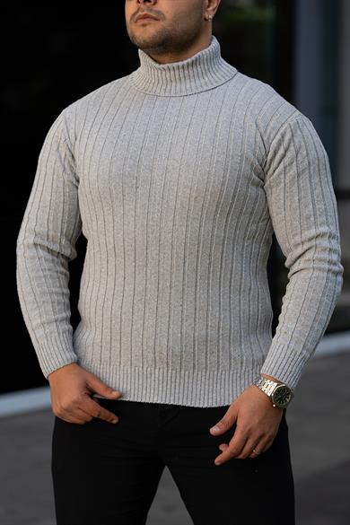 Erkek Gri Tüylenme Yapmayan Slim Fit Boğazlı Triko Kazak