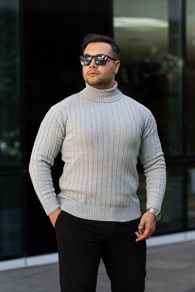Erkek Gri Tüylenme Yapmayan Slim Fit Boğazlı Triko Kazak