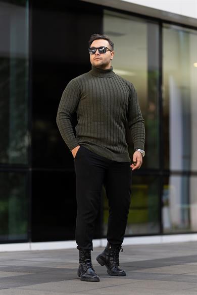 Erkek Haki Tüylenme Yapmayan Slim Fit Boğazlı Triko Kazak