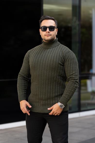 Erkek Haki Tüylenme Yapmayan Slim Fit Boğazlı Triko Kazak