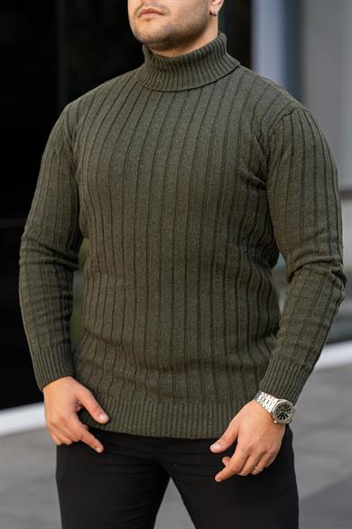 Erkek Haki Tüylenme Yapmayan Slim Fit Boğazlı Triko Kazak