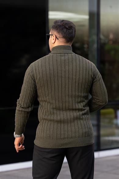 Erkek Haki Tüylenme Yapmayan Slim Fit Boğazlı Triko Kazak