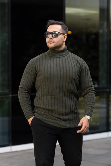 Erkek Haki Tüylenme Yapmayan Slim Fit Boğazlı Triko Kazak
