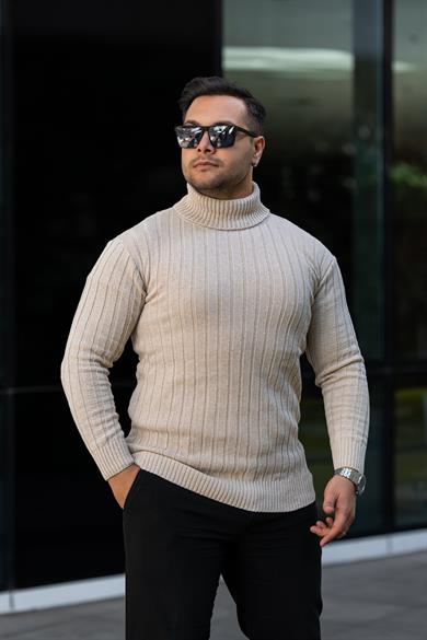 Erkek Krem Tüylenme Yapmayan Slim Fit Boğazlı Triko Kazak