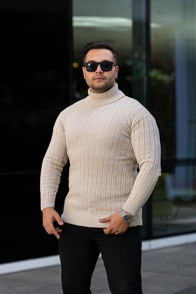 Erkek Krem Tüylenme Yapmayan Slim Fit Boğazlı Triko Kazak