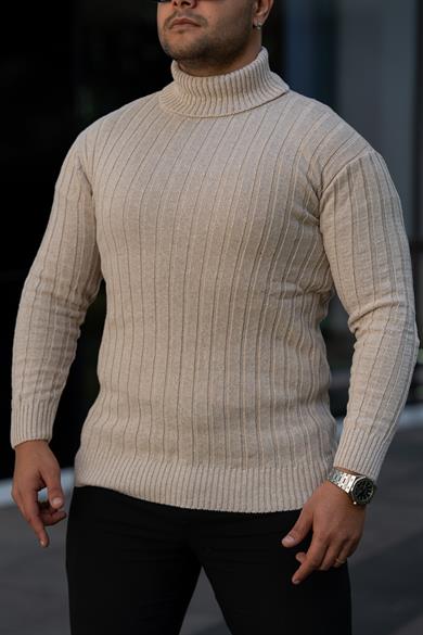 Erkek Krem Tüylenme Yapmayan Slim Fit Boğazlı Triko Kazak