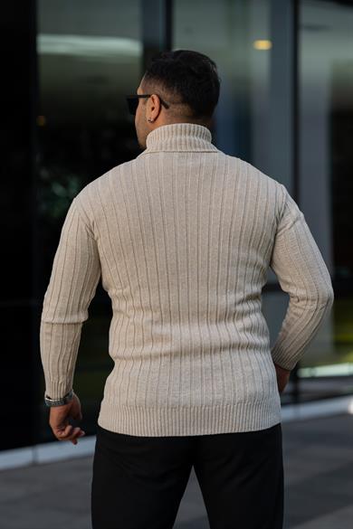 Erkek Krem Tüylenme Yapmayan Slim Fit Boğazlı Triko Kazak