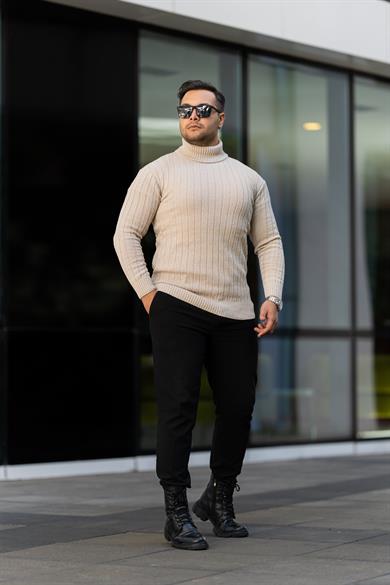 Erkek Krem Tüylenme Yapmayan Slim Fit Boğazlı Triko Kazak