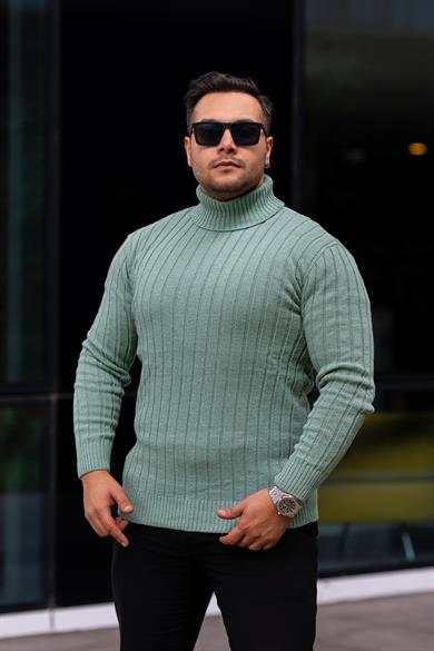 Erkek Mint Yeşil Tüylenme Yapmayan Slim Fit Boğazlı Triko Kazak