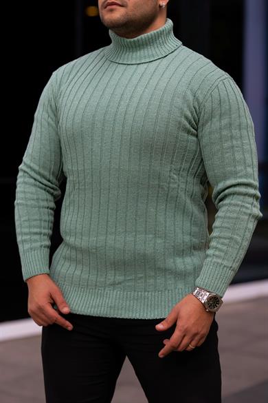 Erkek Mint Yeşil Tüylenme Yapmayan Slim Fit Boğazlı Triko Kazak