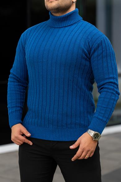 Erkek Saks Mavi Tüylenme Yapmayan Slim Fit Boğazlı Triko Kazak