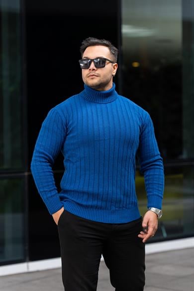 Erkek Saks Mavi Tüylenme Yapmayan Slim Fit Boğazlı Triko Kazak