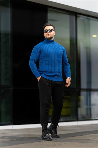 Erkek Saks Mavi Tüylenme Yapmayan Slim Fit Boğazlı Triko Kazak