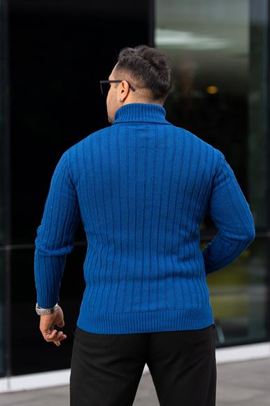 Erkek Saks Mavi Tüylenme Yapmayan Slim Fit Boğazlı Triko Kazak