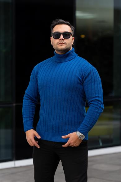 Erkek Saks Mavi Tüylenme Yapmayan Slim Fit Boğazlı Triko Kazak
